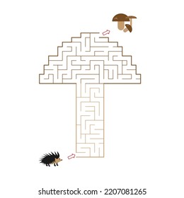 Mushroom shaped labyrinth with entry and One exit (only one solution). Hedgehog is searching the mushrooms. Line maze game. Medium complexity. Kids maze puzzle, vector illustration