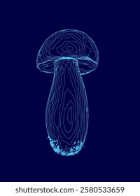 Mushroom is shown in a blue color. The mushroom is shown in a very detailed manner, with its stem and cap clearly visible. The image has a very artistic and creative feel to it