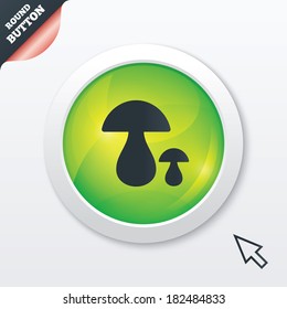 Mushroom sign icon. Boletus mushroom symbol. Green shiny button. Modern UI website button with mouse cursor pointer. Vector