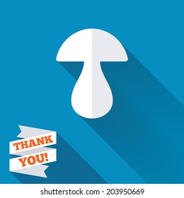 Mushroom sign icon. Boletus mushroom symbol. White flat icon with long shadow. Paper ribbon label with Thank you text. Vector