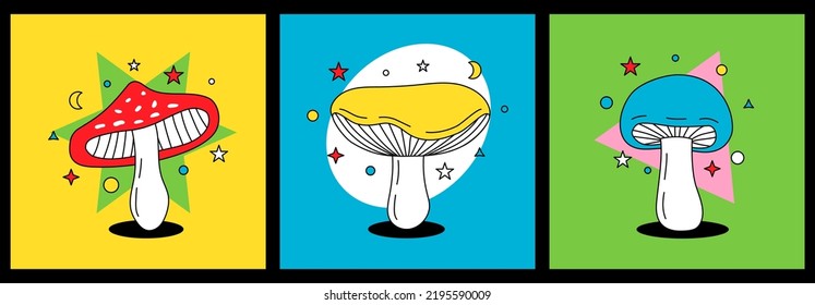 Mushroom silhouette set. Psychedelic mushrooms illustration. Mushroom prints for t-shirts or stickers. Different posters with exotic mushrooms.