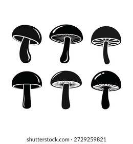 Mushroom silhouette vector collection with different fungus shapes and cap styles. Clean black and white toadstool icons isolated on white background. Ideal for nature and forest designs, organic food labels, botanical illustrations, packaging, posters, and clipart use.