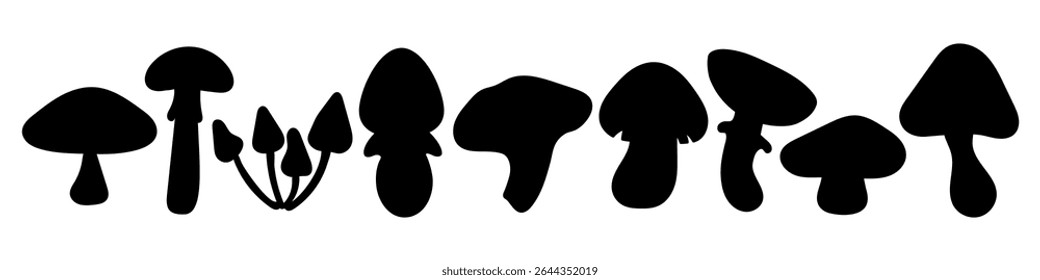 Coleção de silhuetas de cogumelos. Ícones de fungos pretos definidos isolados. Cogumelos silvestres, alimentos, elementos da natureza, vetor editável para outono, design botânico ou orgânico.