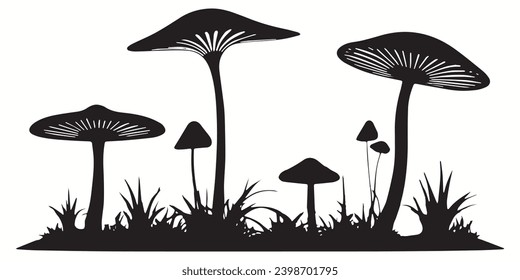 Pilzsilhouetten und Symbole. Schwarz flache Farbe einfache, elegante, weiße Hintergrund Pilz-Tier-Vektorgrafik und Illustration.