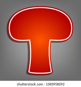 Mushroom simple sign. Flat red icon with linear white icon with gray shadow at grayish background. Illustration.
