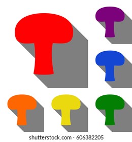 Mushroom simple sign. Set of red, orange, yellow, green, blue and violet icons at white background with flat shadow.