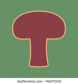 Mushroom simple sign. Vector. Cordovan icon and mellow apricot halo with light khaki filled space at russian green background.