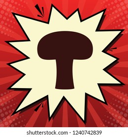 Mushroom simple sign. Vector. Dark red icon in lemon chiffon shutter bubble at red popart background with rays.