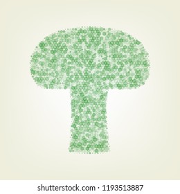 Mushroom simple sign. Vector. Green hexagon rastered icon and noised opacity and size at light green background with central light.