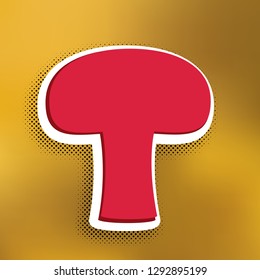 Mushroom simple sign. Vector. Magenta icon with darker shadow, white sticker and black popart shadow on golden background.