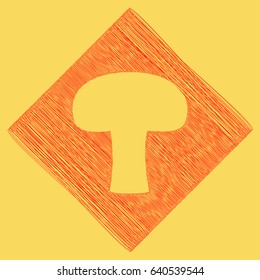 Mushroom simple sign. Vector. Red scribble icon obtained as a result of subtraction rhomb and path. Royal yellow background.