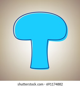 Mushroom simple sign. Vector. Sky blue icon with defected blue contour on beige background.