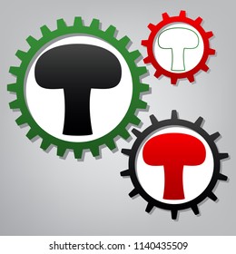 Mushroom simple sign. Vector. Three connected gears with icons at grayish background.