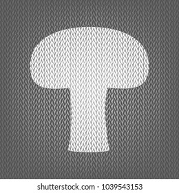 Mushroom simple sign. Vector. White knitted icon on gray knitted background. Isolated.