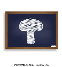 Mushroom simple sign. White chalk icon on blue school board with shadow as background. Isolated.