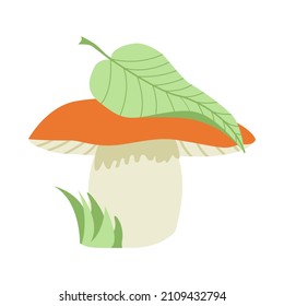 Mushroom simple vector illustration. Mushroom in summer with a leaf on a hat hand drawn. Design element for greeting card, invitation, flyer.