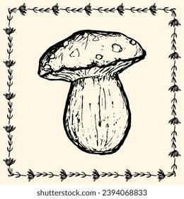 Mushroom sketch in decorative floral border. Beige card of forest harvest. Handmade drawing postcard.
