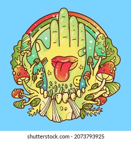 Mushroom, Skull, Hand and Rainbow in Harmony of Colorfull Nature Hand Drawn Illustration