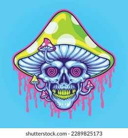 mushroom skull head trippy illustration for tshirt design, logo, or stickers