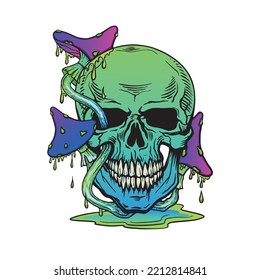 Mushroom skull head, vector skull with mushrooms on head isolated on white background. Tatoo. Vintage. Phsycodelic art