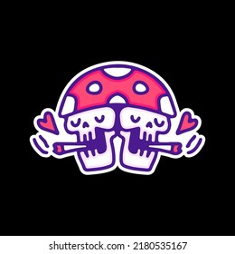 Mushroom skulls smoke weed illustration  and soft pop style   old style 90s cartoon drawings  Artwork for street wear  t shirt  patchworks; for teenagers clothes 