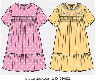 VESTIDO DE MANGUITOS DE MUSHROOM CON CUERPO DE CORTE BIB Y DETALLE DE NIVELES DISEÑADO PARA NIÑAS Y ADOLESCENTES EN ARCHIVO DE ILUSTRACIÓN DE VECTOR