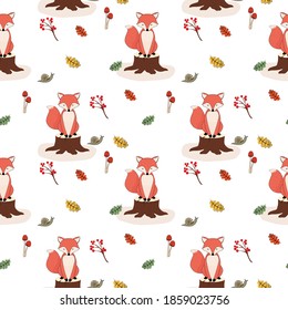 mushroom slug autumn leaf forest fox pattern animal wildlife tee illustration art vector