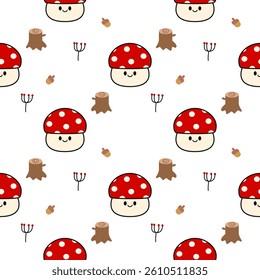 Mushroom smile cartoon so cute. On stump acorn white background. Pattern seamless vector illustration. 