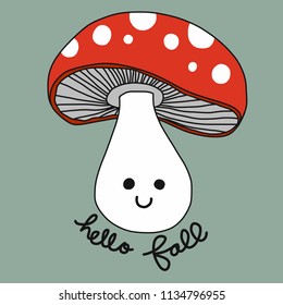 Mushroom smile cartoon vector hello fall illustration
