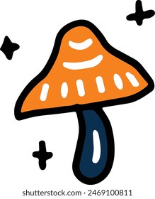 A mushroom with a smiley face drawn on it. The mushroom is surrounded by stars. The image has a whimsical and playful mood