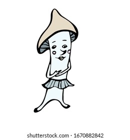 The mushroom is smiling. Pink cheeks. Vector illustration in cartoon style. Isolated on a white background.