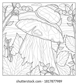 
Mushroom with a snail. Anti-stress Coloring book for children and adults. Illustration isolated on white background. Black and white drawing. Zentangle style.