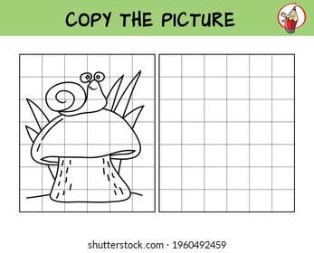 Mushroom and snail. Copy the picture. Coloring book. Educational game for children. Cartoon vector illustration