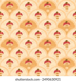 Mushroom with snail scallop seamless pattern. Fly agaric arch repeat background. Inedible mushrooms retro endless design. Vector hand drawn illustration.