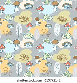 mushroom snail seamless pattern