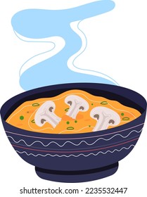 Mushroom soup, bouillon cream, restaurant lunch, vegetable brunch, isolated on white, design, flat style vector illustration.