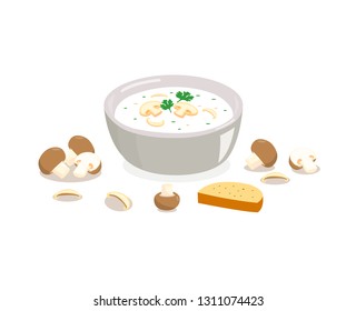 Mushroom soup in a bowl with bread isolated on white background.