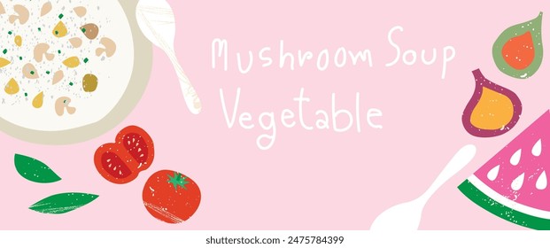 Mushroom soup in bowl isolated on pink background. Vector illustration of hot vegan lunch and fresh vegetable fruit in cartoon simple flat style.