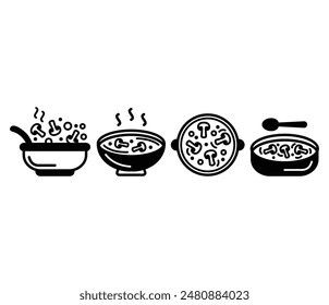 mushroom soup bowl spoon icons vector design black white color simple illustration collection set