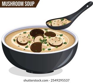 Mushroom Soup Bowl with Spoon Isolated. Garnished with Cream Swirl, Mushrooms, Chopped Chives and Cilantro 