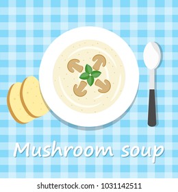 Mushroom soup in a ceramic plate. Cartoon. Vector. Flat style.