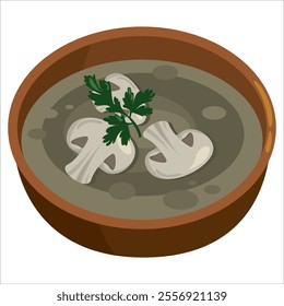 Mushroom soup in deep plate. Vector isolated illustration.