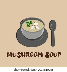 Mushroom soup in a gray bowl with chopped mushroom pieces and pertuka for garnish. Bowl and spoon. Vector 10.