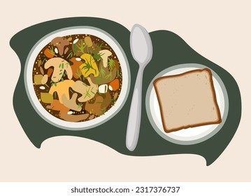 Mushroom soup and piece of bread on a plate. Vector illustration.