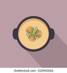 Mushroom soup puree with dill sprigs and champignon pieces decoration, vector illustration in flat style