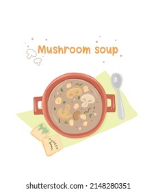 Mushroom soup puree. Vector illustration of fresh and dry mushroom and vegetable soup. Illustration for menu, flyer, website, instagram.

