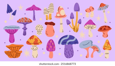 Mushroom space. Pattern nature retro isolated doodle elements. Print vintage psychedelic. Abstract mold fly agaric, fungus cartoon. Acid cute graphic hipster mystical groovy. Vector sticker collection