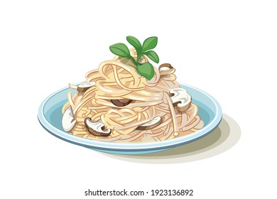 Mushroom Spaghetti Pasta and cream sauce vector illustration isolated on white background