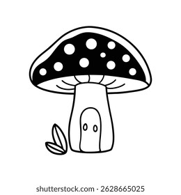 a mushroom with spots and a tiny door vector line art