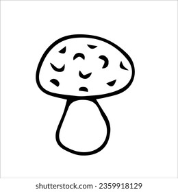 Pilz mit gefleckter Verschlusskappe. Vektorgrafik, handgezeichnet, schwarz-weiß. Silhouette, Symbol, Logo, Skizze, Vorlage, Doodles. Kinderfarbbuch.